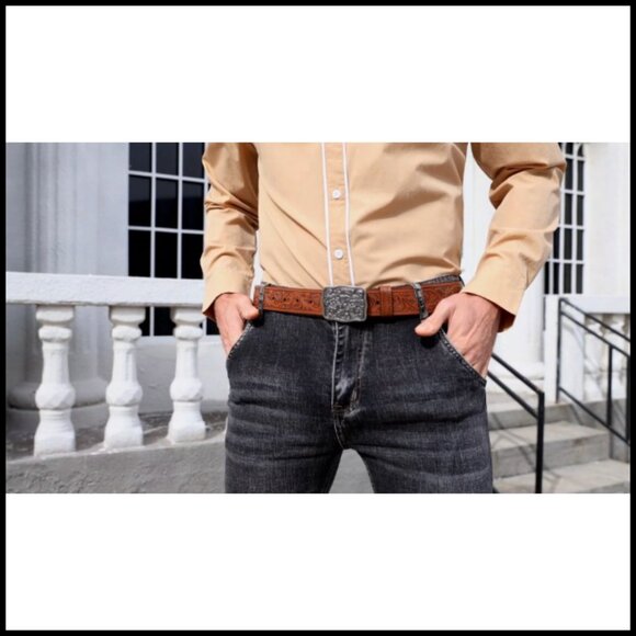 Western Tooled Leather Belt with Interchangeable Buckle Adjustable Size Vintage main image 7